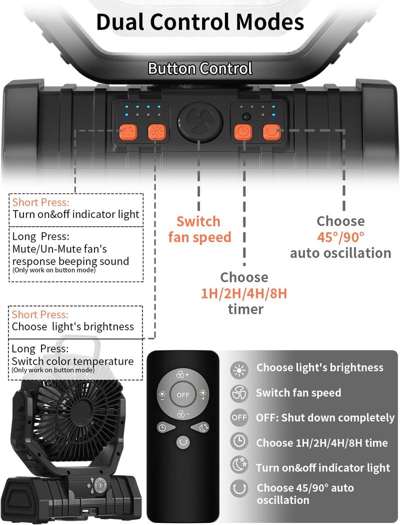 EEIFO Battery Operated Fan Portable Battery Powered Outdoor Camping Tent Fan with LED Lantern Light 20000mAh Rechargeable, Oscillating, 360° Rotating Hanging Hook, Cordless USB Desk Fan(Black) - Image 5